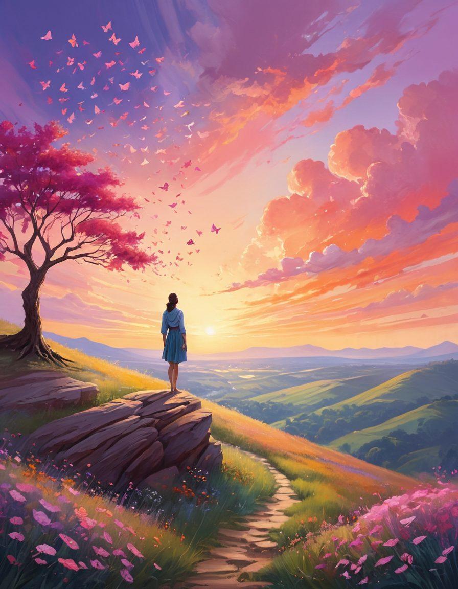 A serene landscape featuring a resilient cancer survivor standing atop a hill, gazing towards a bright horizon filled with hope and vibrant butterflies symbolizing growth. Surround the scene with supportive words like 'Advocacy', 'Resilience', and 'Community' woven into the natural elements. Incorporate a warm, uplifting color palette to evoke feelings of empowerment and serenity. painting. vibrant colors. soft lighting.