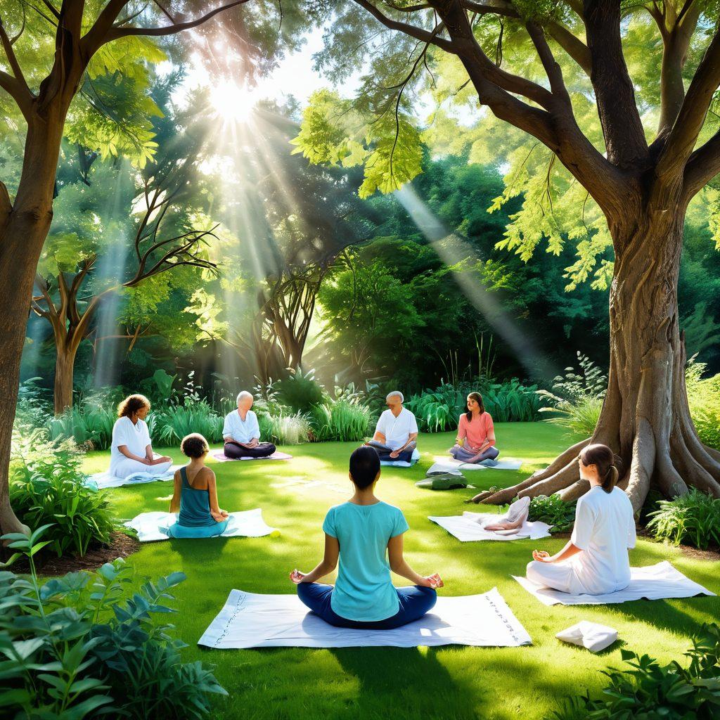 A serene landscape featuring a patient meditating in a lush green park, surrounded by symbols of holistic healing like crystals and herbs, with soft rays of sunlight filtering through the trees. In the foreground, a diverse group of healthcare professionals are engaged in a collaborative discussion, displaying innovative therapies like acupuncture and nutrition plans. The background showcases a mix of nature and modern healing environments. painting. soft pastel colors.